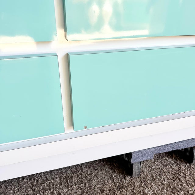 White 1980s Postmodern White and Turquoise Lacquer Laminate Waterfall Dresser For Sale - Image 8 of 13