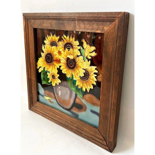 Large Vintage Ceramic Sunflowers in Vase – Framed Wall Hanging Kitchen Art For Sale In Houston - Image 6 of 10