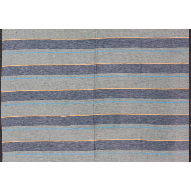 Early 21st Century Large Square Scandinavian Flat Weave Rug in Gray, Blue, and Soft Yellow For Sale - Image 5 of 12
