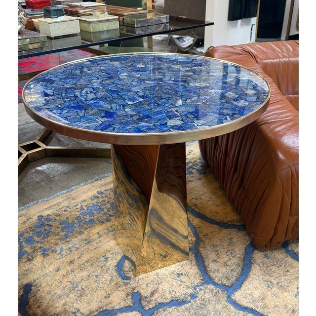 1990s Lapis Lazuli and Bronze Pedestal Table For Sale - Image 5 of 6