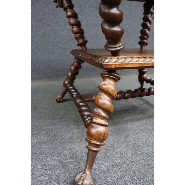 Merklin Brothers Attributed Barley Twist Quarter Sawn Oak Side Table With Lion Mask Mounts For Sale - Image 4 of 13