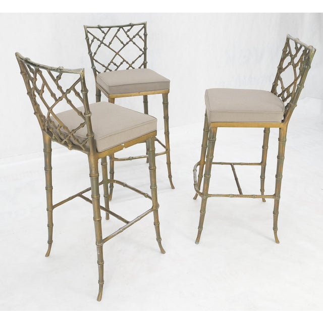 Cast Aluminum set of 3 Faux Bamboo Bar Stools New Alcantera Fabric Upholstery For Sale - Image 10 of 12