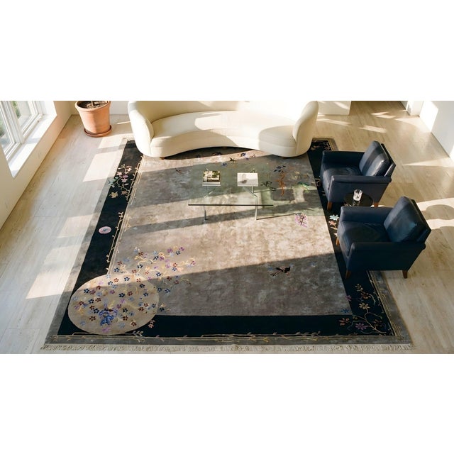 1920s Gray Floral Modernist Antique Chinese Art Deco Carpet 8'10" X 11'6" Handknotted Wool Rug For Sale - Image 11 of 13