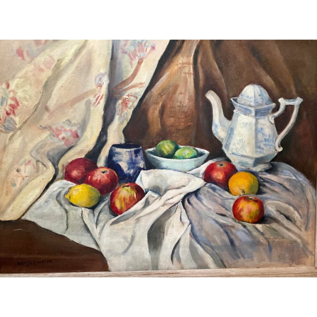 Vintage still life painting with fruit. Oil on panel measures 18” x 24”. The great heavy period frame adds another 4”....