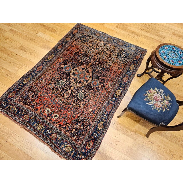 Early 20th Century Persian Bidjar Rug, Hand-Knotted Wool, Medallion Geometric Pattern, Red & Blue, 5x7 For Sale - Image 9 of 18