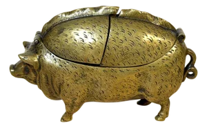 Victorian English Brass Figural Pig Inkwell with Articulated Back Lids, C. 1875