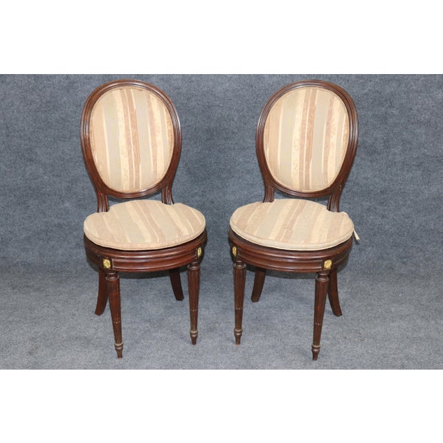 19th C Set 8 French Louis XVI Cane & Upholstered Bronze Mounted Side Chairs For Sale - Image 4 of 13
