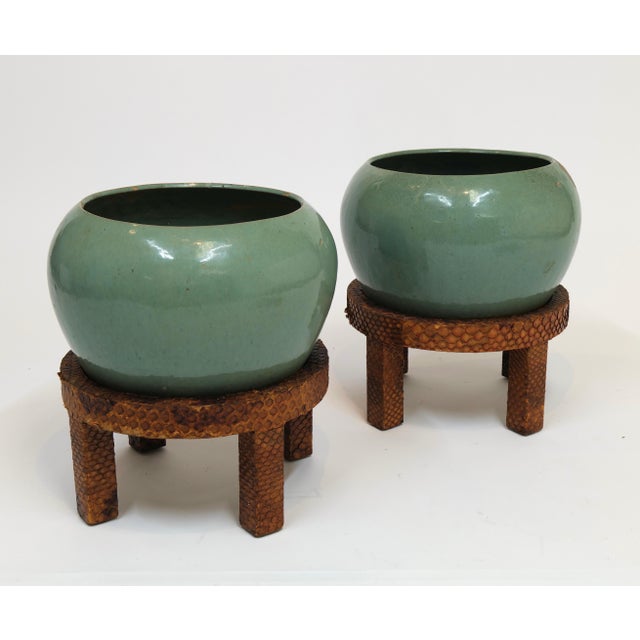 Pair of Vintage Mint Green Ceramic Planters on Wrapped Wood Stands For Sale - Image 9 of 17