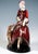 Depiction of an elegant young lady posing in a striding stance, wearing a long, high-necked red dress with a matching...