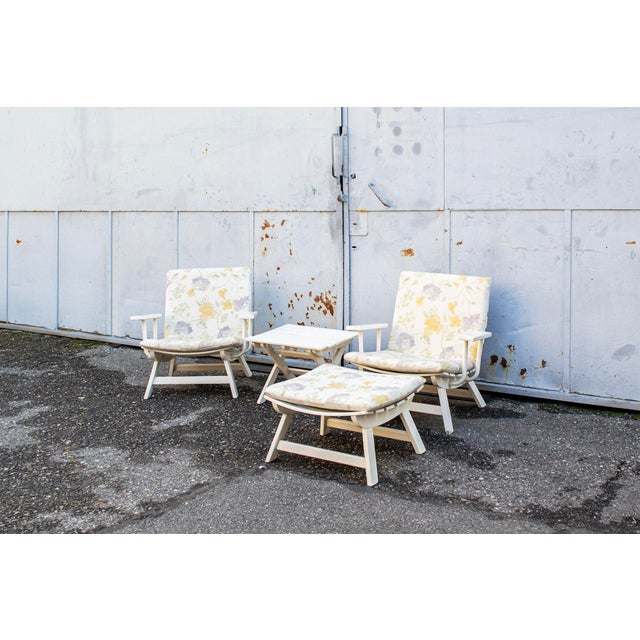 Folding garden set in lacquered wood, fabric-covered padding. Designer Carlo Hauner Manufacturer BFC 1960s Armchair...