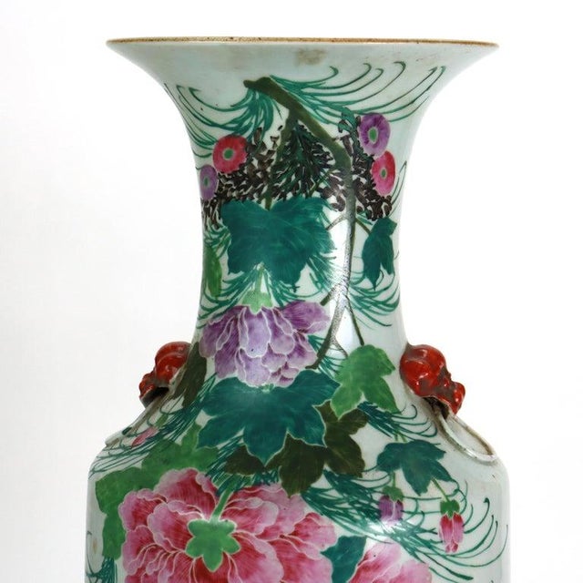 Antique Chinese Pottery Tall Vase With With Floral & Calligraphy C1890 For Sale - Image 4 of 12