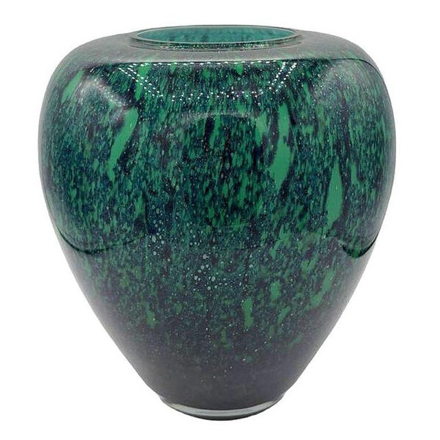 Large 10.5" tall hand-blown marbled art glass vase with a classic ovoid silhouette with heavily mottled organic pattern...