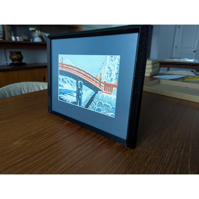 Framed Hasui Kawase Woodblock Print "Sacred Bridge at Nikkō" - Vintage 1970s Shin-Hanga Snow Scene For Sale In Atlanta - Image 6 of 7