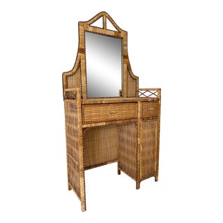 Vintage Woven Wicker Peacock Style Vanity For Sale