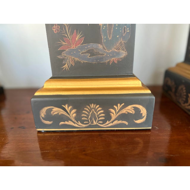 Chinoiserie Pair, Vintage Chinoiserie & Partial Gilt Wood Decorated Obelisks For Sale - Image 3 of 8