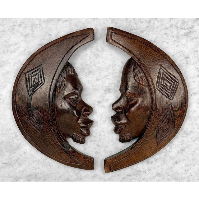 Mid 20th Century Vintage African Tribal Carved Crescent Moon Man & Women Wall Sculptures - A Pair For Sale - Image 5 of 10