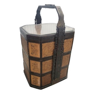 Antique Chinese Chinoiserie Bamboo Wicker 3 Tiered Wedding Bethrothal Storage Chest For Sale