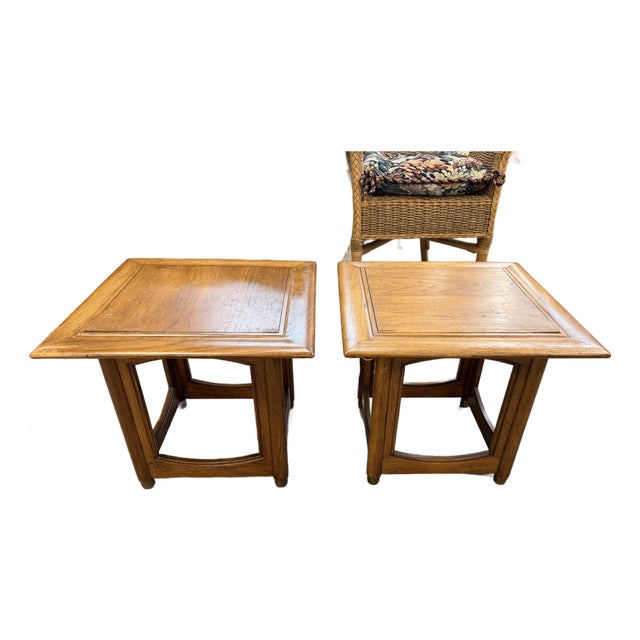 Pair of Vintage Mid-Century Modern Square Walnut & Oak Side Tables For Sale