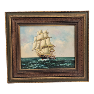 1960s Hoffman Original Signed Oil Painting of a Sailboat on the High Seas