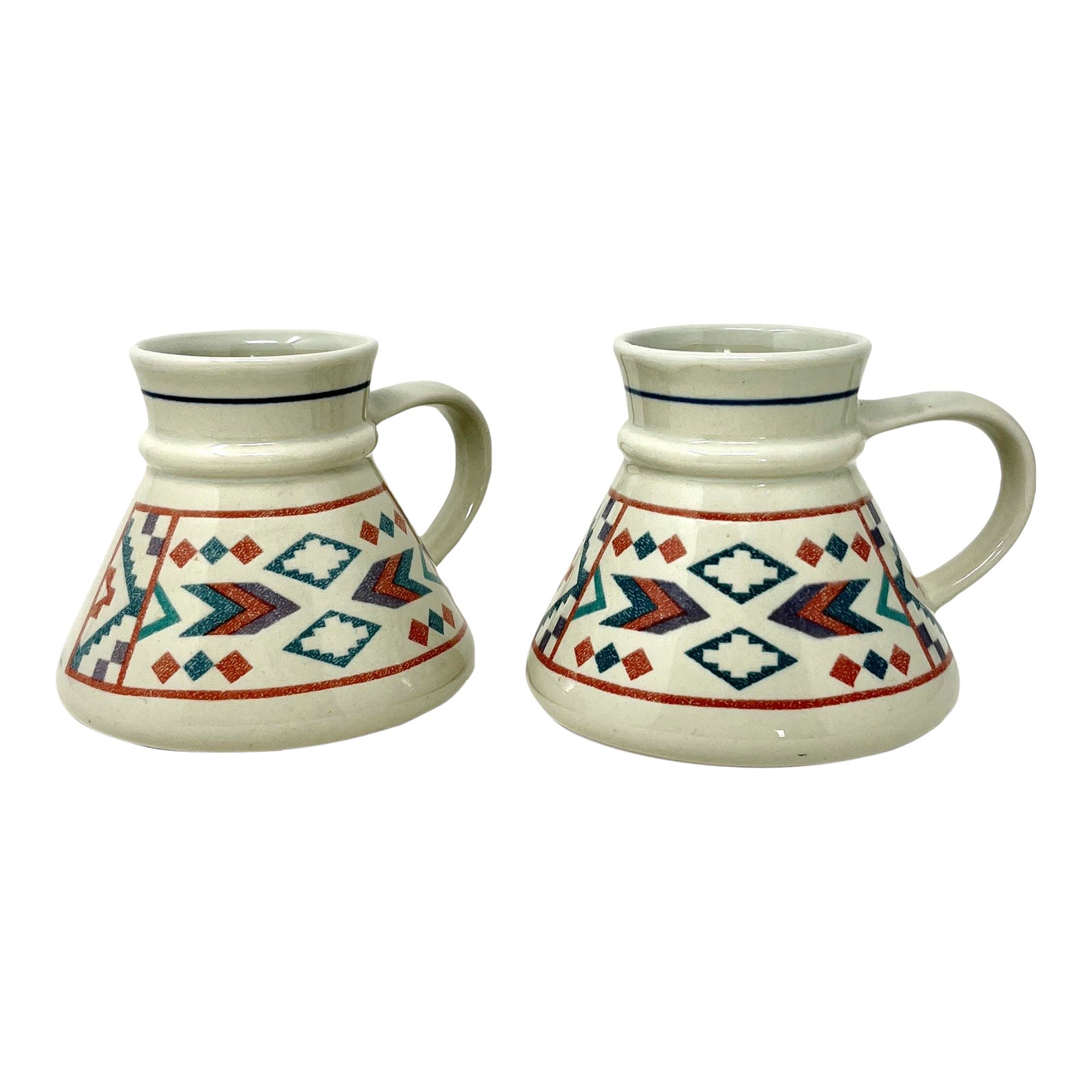 Vintage Pair of Wide Bottom Coffee Mugs With Southwestern Detailing