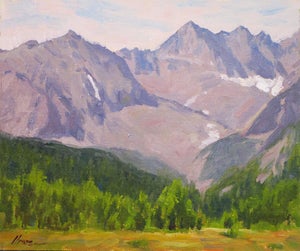 Star Peak by Lorenzo Chavez | Oil Painting of a mountain landscape with trees and peaks.