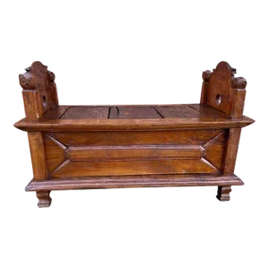 Early 20th Century Antique Carved Teak Dowry Chest or Storage Bench With Top Door