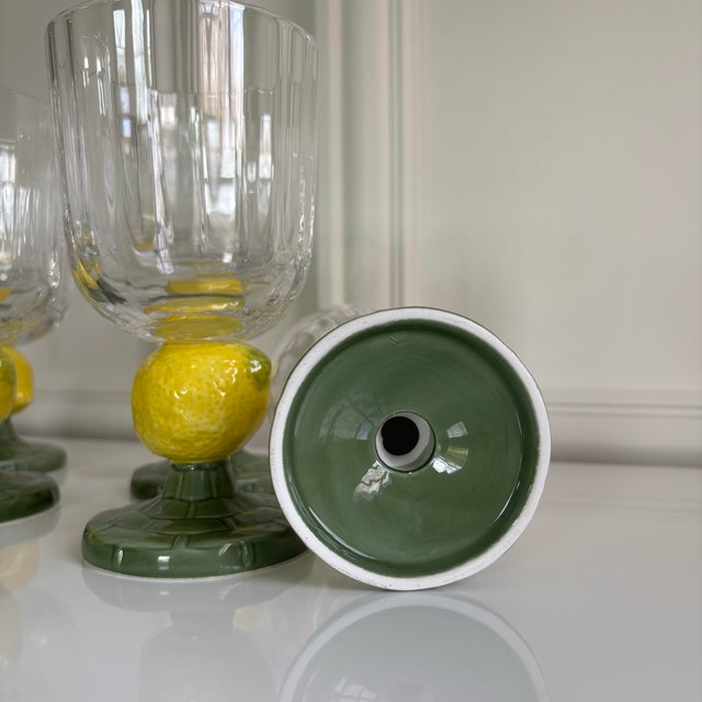 Bordallo Pinheiro Style Green Stem Lemon Motif Hand Blown Fluted Glass Goblets - Set of 12 For Sale - Image 9 of 9