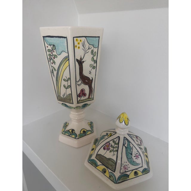 Ceramic 1950s Whimsical Hand-Painted Folk Animals Lidded Hexagonal Urn / Jar For Sale - Image 7 of 11