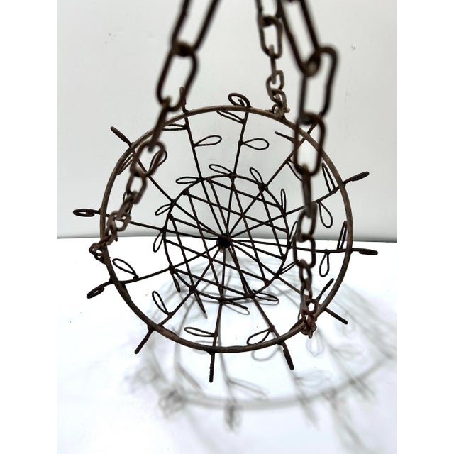 Metal Vintage Wrought Iron Hanging Planter Basket With Scrollwork & Original Chain For Sale - Image 7 of 12