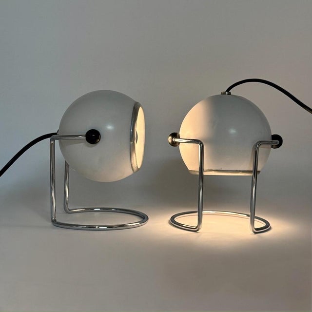 Italian Targetti Sankey Eyeball Lamps in White and Chrome, 1970s, Set of 2 For Sale - Image 10 of 11