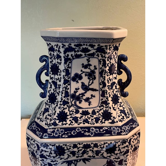 Late 20th Century Late 20th Century Large 18" Chinese Blue & White Hexagonal Porcelain Vase Bird Floral Qianlong Mark For Sale - Image 5 of 8