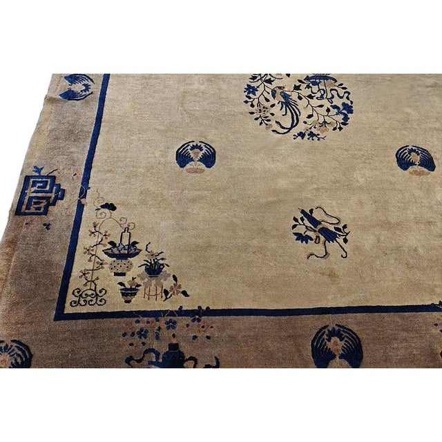 1920s Beige Field Art Deco Style Antique Chinese Peking Rug 9' X 9'6" Square For Sale In New York - Image 6 of 8