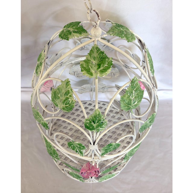 Metal Vintage Italian Painted Tole Birdcage With Foliage and Rosette Decorations For Sale - Image 7 of 12