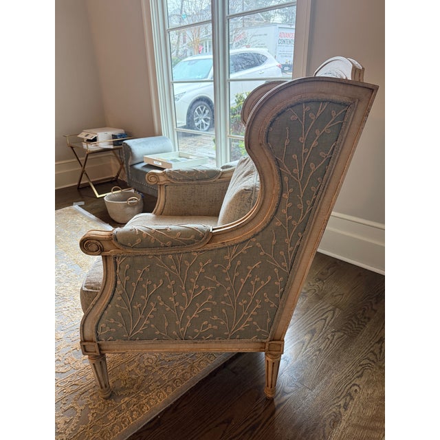 French Provincial John Richard Collection "Rayna" Wingback Chair in Dusty Blue Botanical Jacquard (Set of 2) For Sale - Image 3 of 9