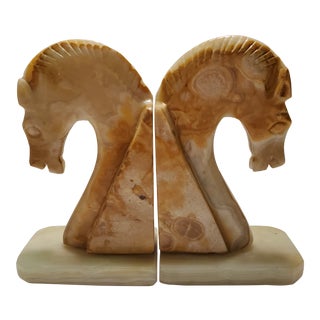 Vintage Marble Hand Carved Horse Head Bookends - a Pair For Sale