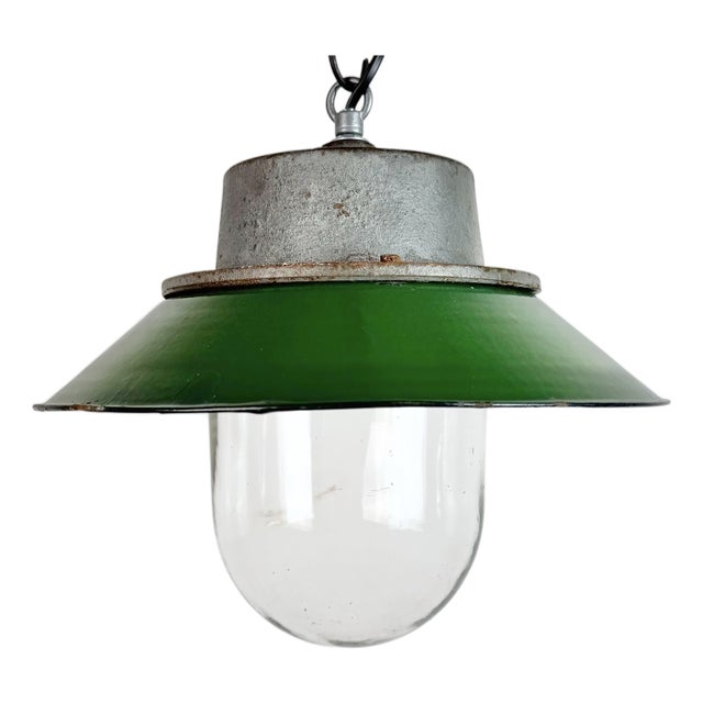 Industrial Green Enamel and Cast Iron Pendant Light, 1960s For Sale