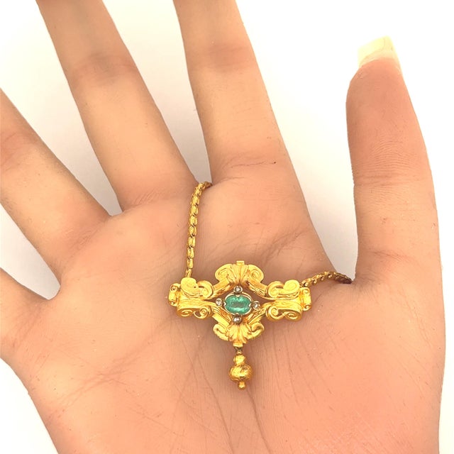 Late 19th Century French Antique Emerald Diamond 18k Yellow Gold Necklace For Sale - Image 5 of 6
