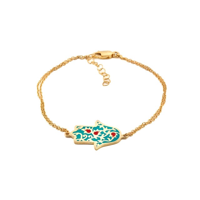 Turquoise Turquoise Enamel Floral Hamsa Hand Gold Vermeil Chain Bracelet For Sale - Image 8 of 8