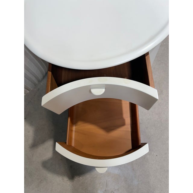 Italian Lacquered 2 Drawer End/Side Table, Italy 1980’s. Table sits on 3 black feet. Drawers are a beautiful walnut...