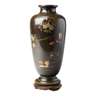 19th Century Japanese Meiji Bronze Vase, Mixed-Metal Inlay, Mandarin Ducks and Prunus, Signed, With Stand For Sale