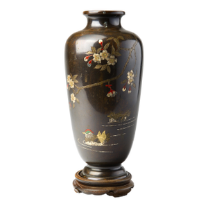 19th Century Japanese Meiji Bronze Vase, Mixed-Metal Inlay, Mandarin Ducks and Prunus, Signed, With Stand