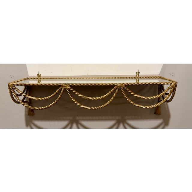 Hollywood Regency 1960s Pair of Italian Gilt Rope and Tassel Wall Shelves For Sale - Image 3 of 12