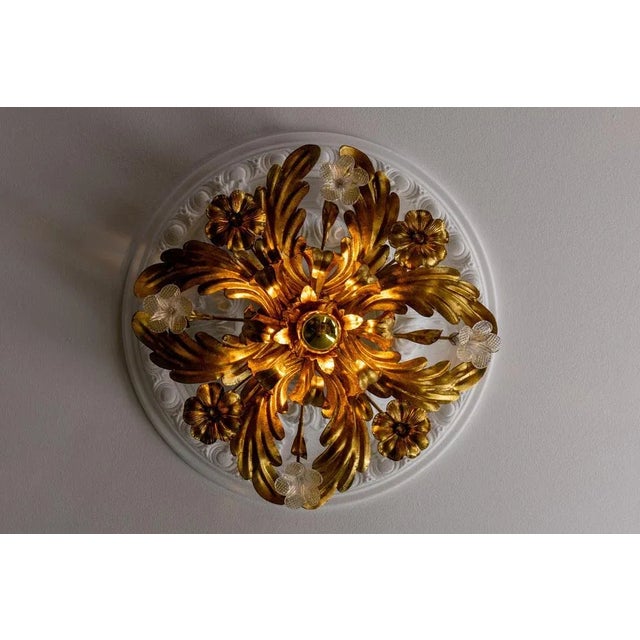 Hollywood Regency Italian Hollywood Regency Gilt Metal and Glass Flower Ceiling Light, 1970s For Sale - Image 3 of 18