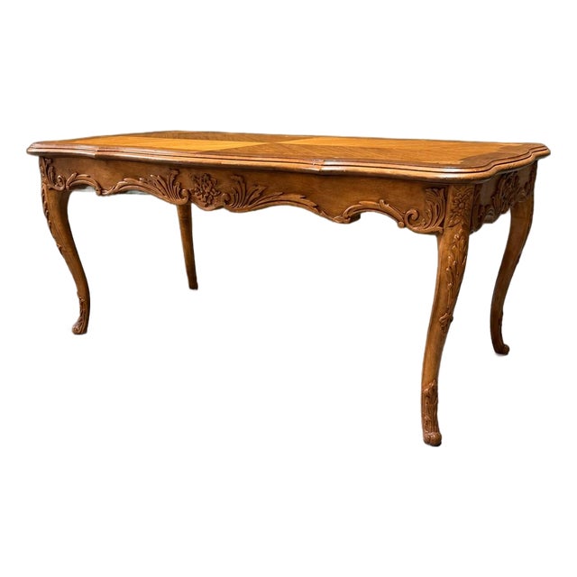 Vintage Louis XV Style Carved Walnut Marquetry & Parquetry Coffee Table For Sale