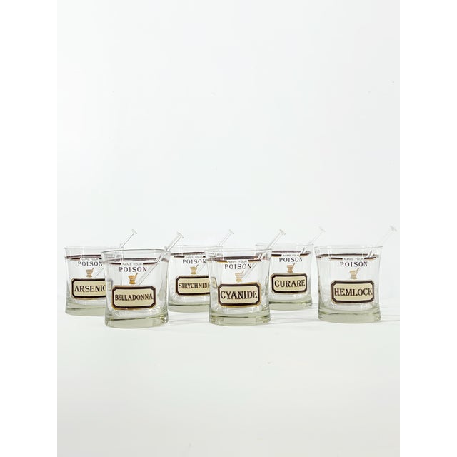 Set of Six "Name Your Poison" Apothecary Cocktail Glasses by Cera for Neiman Marcus c.1970, original box with glass stir...