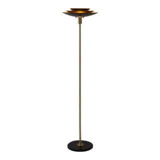Torchiere Floor Lamp - Rancho Mirage, Matte Black & Gold-Leaf Shade, Weathered Brass, Black Marble Base, Dimmer For Sale