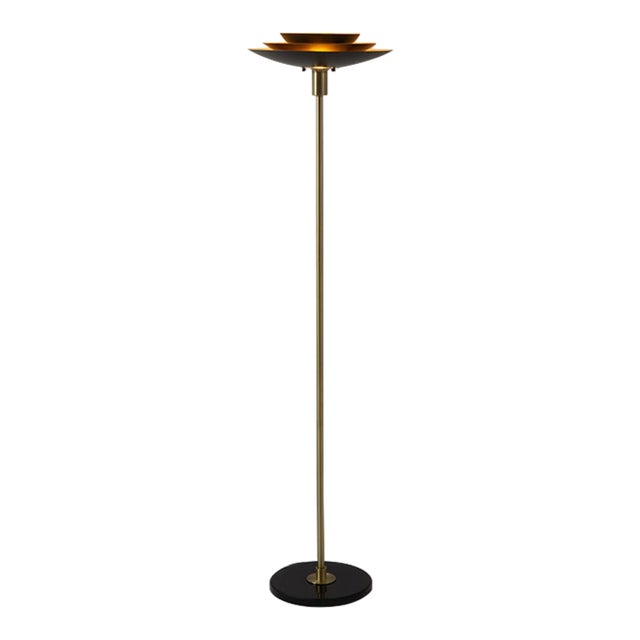 Torchiere Floor Lamp - Rancho Mirage, Matte Black & Gold-Leaf Shade, Weathered Brass, Black Marble Base, Dimmer For Sale