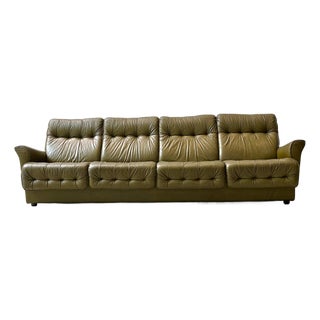 Olive Green Leather Sofa, 1970s For Sale