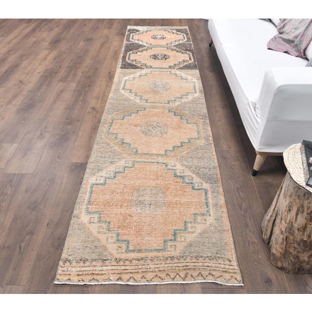 Boho Chic Vintage Orange Turkish Hand-Knotted Runner For Sale - Image 3 of 9