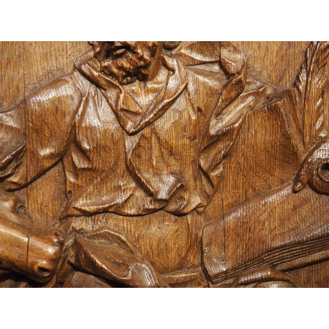 Wood Antique French Carved and Incurved Oak Bas Relief Plaque of St Luke, C. 1720 For Sale - Image 7 of 13